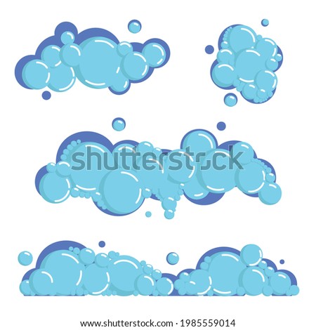 Cartoon soap foam set with bubbles. Light blue suds of bath, shampoo, shaving, mousse. Vector illustration isolated on white background.
