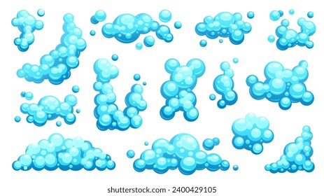 Cartoon soap foam. Soapy bubbles, wet lather and shampoo ball, shower steam effect. Bubbles and foam. Vector isolated set of foam lather bubble illustration