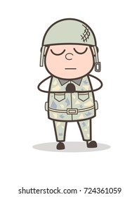 Cartoon Sober Army Man Praying Vector Illustration