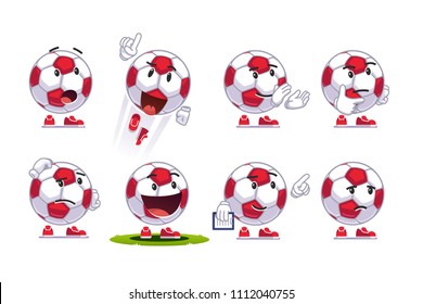 Cartoon soccer ball emoticons set. Animated soccer football fan & coach characters watching football match representing different emotions. Flat style vector ball illustration isolated on white