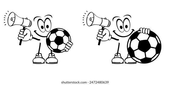 Cartoon soccer ball mascot and megaphone. Goal net. Soccer border and horn or  loudspeaker. Microphone and  stadium, supporters. wk, ek sport finale, sports game. Street ball. Playground 2024, 2027.