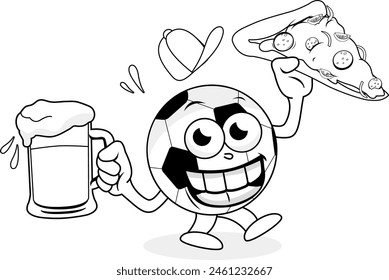 Cartoon soccer ball serving beer and pizza. Beer and pizza delivery at soccer game. Vector black and white coloring page.