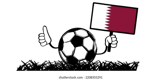 Cartoon soccer ball as stickman Stick figure man with the flag of Qatar. Vector supporters. For world wk, ek sport finale, sports game cup. Mascot character holding a sign board and thumbs up.