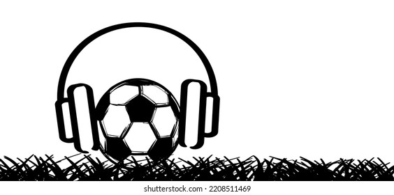 Cartoon soccer ball as stickman, stick figure man with music, headphones. Vector supporters cheers or singing. For world wk, ek sport finale, sports game cup. Mascot character .