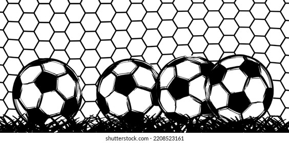 Cartoon soccer ball as stickman, stick figure man with football net. Vector supporters. For world wk, ek sport finale, sports game cup. Grass fietld. Mascot character stop the balls. Football goal