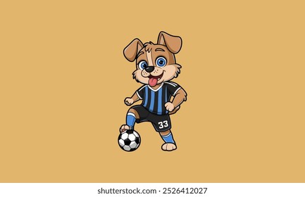 Cartoon soccer dog kicking a ball with joy.