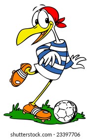 A Cartoon soccer fan seagull playing football.