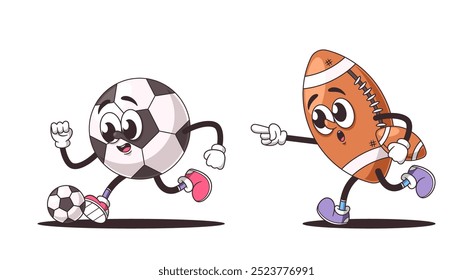 Cartoon Soccer And Football Ball Characters In A Playful Race With Cheerful Expressions, Highlighting Themes Of Fun