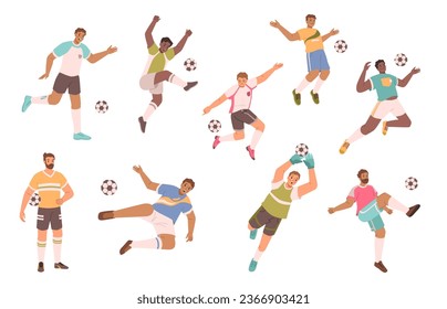 Cartoon soccer football players flat vector illustration. Sportsman with ball, people playing sport game. Athlete goal and kick, action and workout. Running guy competition, outdoor play activity