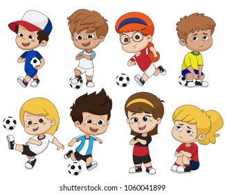 Cartoon soccer kid with different pose.Vector and illustration.