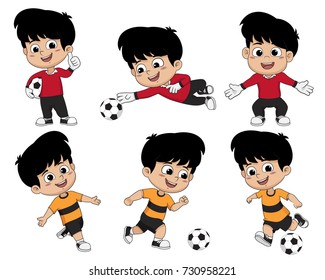 Cartoon soccer kid play football sports he love deeply with different pose. including a goalkeeper.