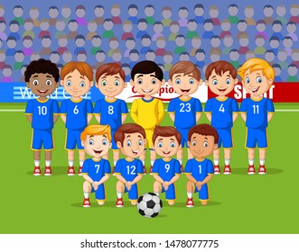 Cartoon soccer kids team at a stadium