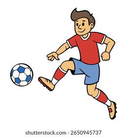 Um jogador de futebol de desenho animado em ação, meio-chute com movimento dinâmico, enviando a bola voando. Poesia energética, expressão divertida e roupa esportiva capturam a emoção.
