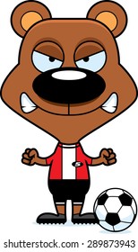 A cartoon soccer player bear looking angry.
