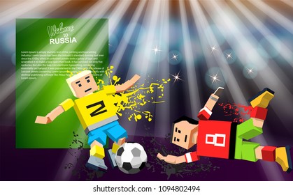 Cartoon soccer player fighting for ball. Soccer player against the background of the stadium 