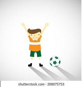 Cartoon of soccer player happy and raising his hands. 