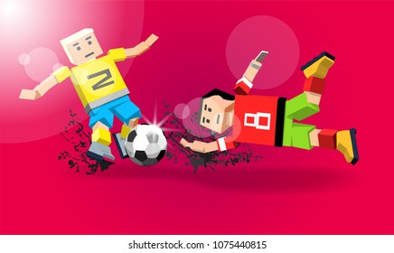 Cartoon soccer player hits the ball and the opponent falls. Football player in  Vector illustration 