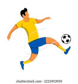 Cartoon soccer player kicking the ball. Vector illustration
