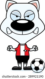 A cartoon soccer player kitten looking angry.