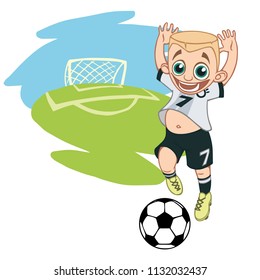 A cartoon soccer player is playing ball in a stadium in uniform Germany. Vector illustration