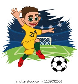 A cartoon soccer player is playing ball in a stadium in uniform Australia. Vector illustration