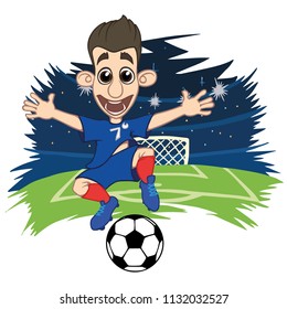 A cartoon soccer player is playing ball in a stadium in uniform France. Vector illustration