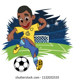 A cartoon soccer player is playing ball in a stadium in uniform Brazil. Vector illustration