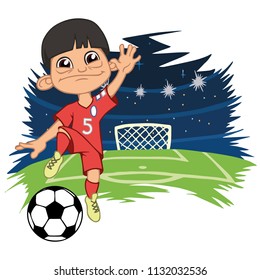 A cartoon soccer player is playing ball in a stadium in uniform  Korea. Vector illustration