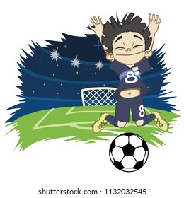 A cartoon soccer player is playing ball in a stadium in uniform Japan. Vector illustration
