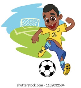 A cartoon soccer player is playing ball in a stadium in uniform Brazil. Vector illustration