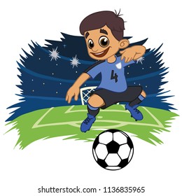 A cartoon soccer player is playing ball in a stadium in uniform Uruguay. Vector illustration