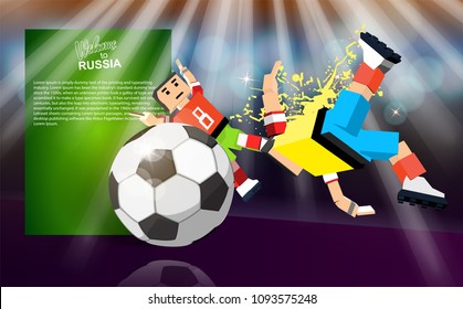 Cartoon soccer player plays the ball off with his head. Soccer player against the background of the stadium