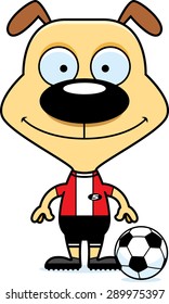 A cartoon soccer player puppy smiling.