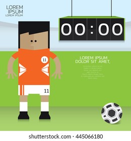 Cartoon soccer player and scoreboard. sport concept.