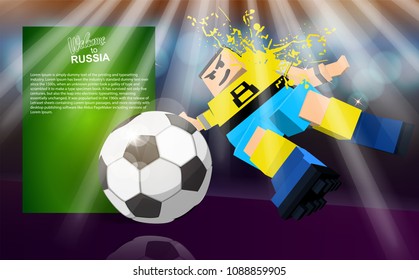 cartoon soccer player slides the ball. Soccer player against the background of the stadium 