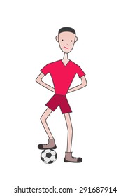 Cartoon soccer player standing with ball. Vector illustration.
