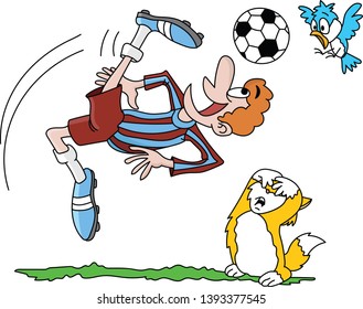 Cartoon soccer player taking a reverse shot while his pet friends watching anxiously vector illustration