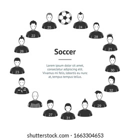 Cartoon Soccer Players and Ball Banner Card Circle Concept Sport Element Flat Design Style. Vector illustration of Icons