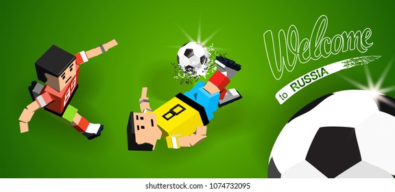 Cartoon soccer players hit...ll on green background.Football player in Vector illustration in flat style
