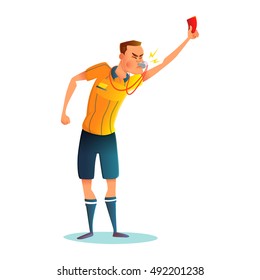 Cartoon soccer referee character design. Judge showing red card. Vector illustratio