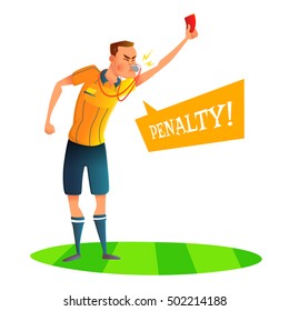 Cartoon soccer referee character design. Judge showing red card. Vector illustratio