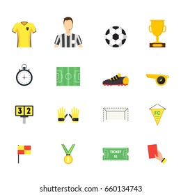 Cartoon Soccer Sport Game Color Icons Set Football Professional Equipment and Elements. Vector illustration