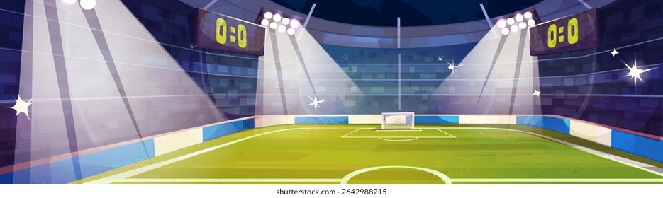 Cartoon estádio de futebol à noite - luzes de inundação brilhantes, campo verde, placar, luzes de spot com vigas em todo o campo. Grass com postes de gol para fundos de jogo do campeonato ou interfaces de aplicativos de esportes.