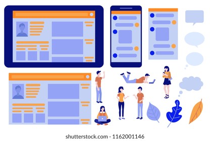 Cartoon social communication concept characters and digital and virtual screens with profiles, chats set. Young girls, women and men chatting using devices or talking face to face. Vector illustration
