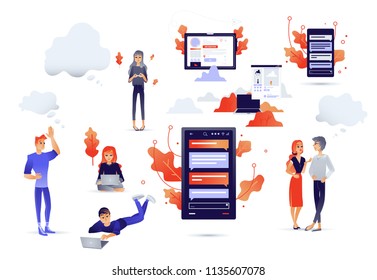 Cartoon social communication concept with people chatting, sending messages within digital screens with internet applications, trees and abstract shapes on background. Vector illustration