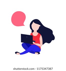 Cartoon social communication concept with young girl, woman in glasses sitting with legs crossed behind laptop device taping, chatting, sending messages with speech bubble. Vector illustration