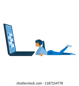 Cartoon social communication concept with young girl, woman in blue denim cloth, headphones lying behind big laptop device taping, chatting, sending messages smiling. Vector illustration