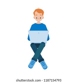 Cartoon social communication concept with young man in casual blue clothing sitting with legs crossed behind laptop device taping, chatting, sending messages. Vector illustration