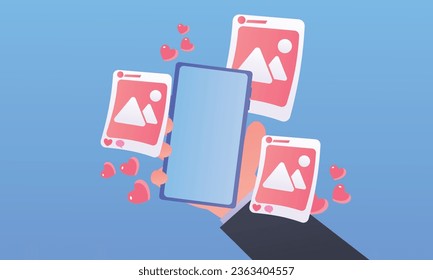 cartoon social media post. blank post about pictures on a smartphone with some mini hearts. likes, shares, and comments on social media posts.on blue background.Vector Design Illustration.