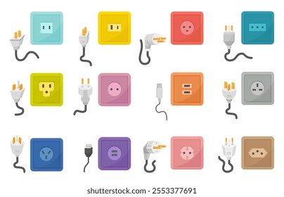 Plugue de soquete de desenho animado. Vários soquetes e plugues, dispositivos elétricos conectar diferentes tipos de coleção. Elementos de energia elétrica, conjunto de vetores neotéricos